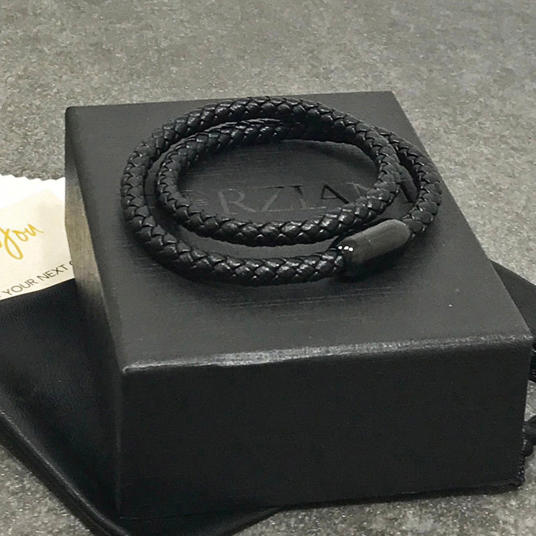Braided Black Leather Double Wrap Bracelet