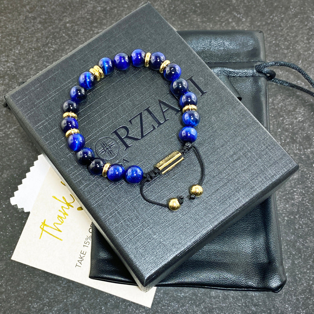 Summit Men’s Beaded Bracelet Blue Tiger's Eye Gold, 6mm