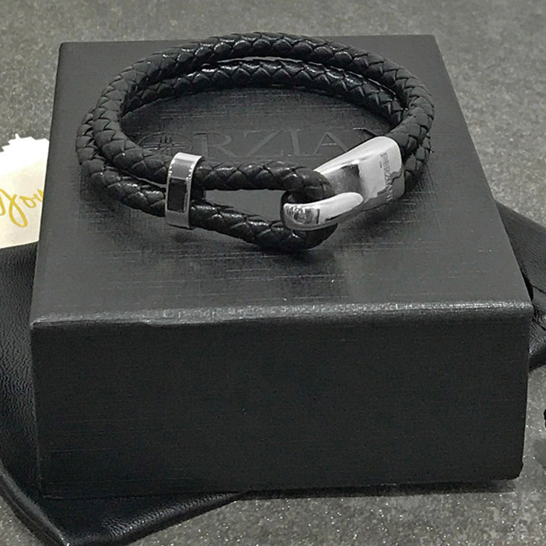 Silver Hook Double Braided Leather Bracelet