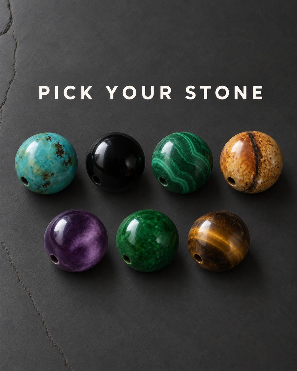 Seven natural stone beads for men's beaded bracelets: turquoise, black onyx, malachite, jasper, amethyst, green jade and tiger eye