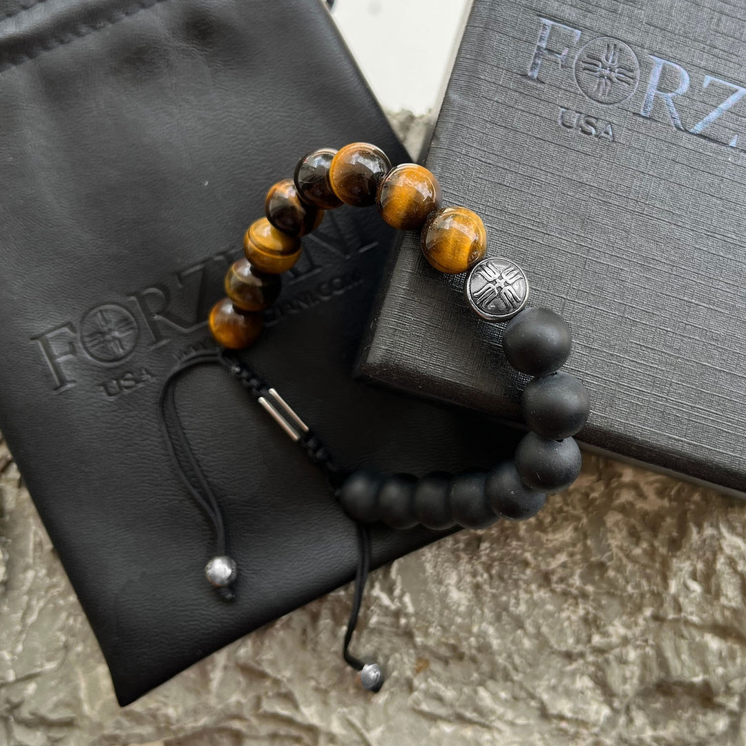 Aether Tiger's Eye and Black Agate Beads Bracelet, 10mm