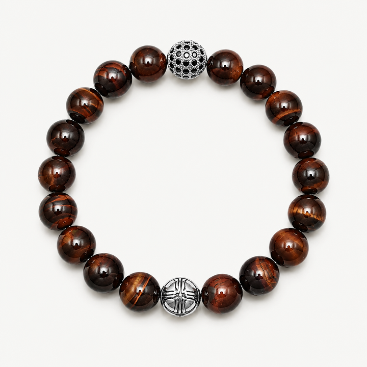 Aston Red Tiger's Eye and Pavé CZ Diamonds Beaded Bracelet for Men, 10mm