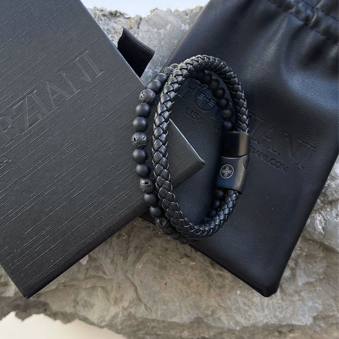 Biscayne Black Lava Rock and Leather Layered Bracelet for Men