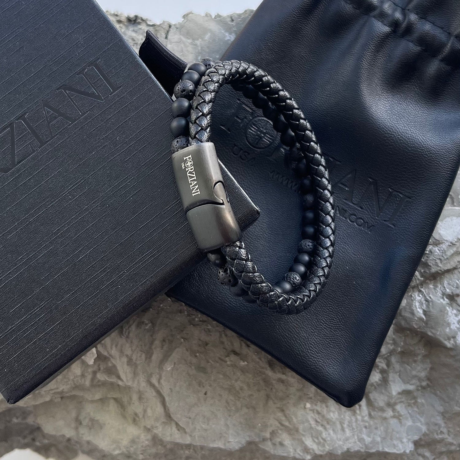 Biscayne Black Lava Rock Leather Layered Bracelet for Men