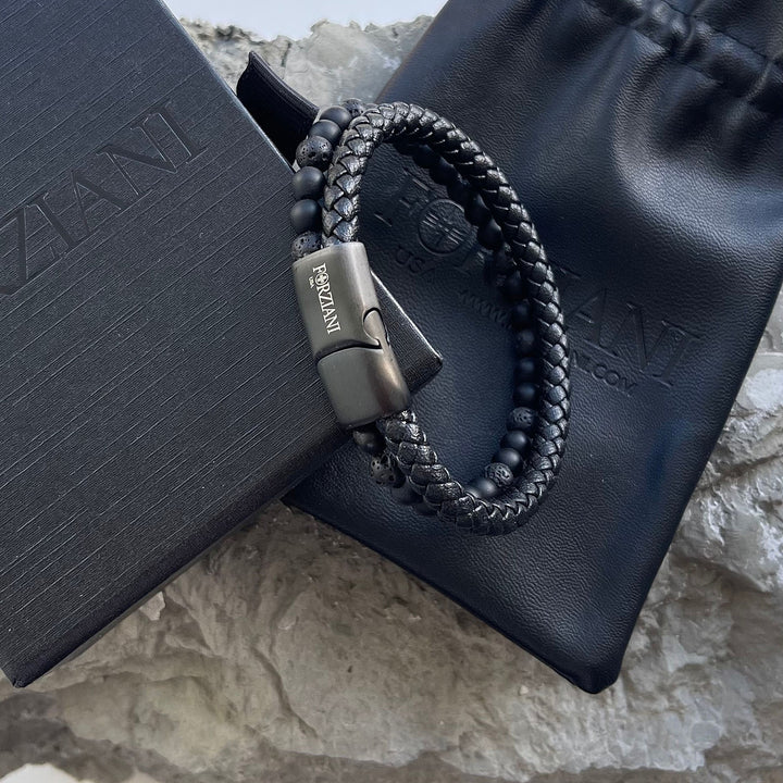 Biscayne Black Lava Rock and Leather Layered Bracelet for Men