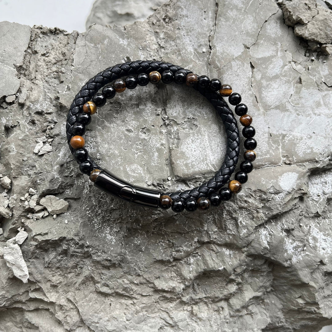 Biscayne Tigers Eye and Leather Layered Bracelet
