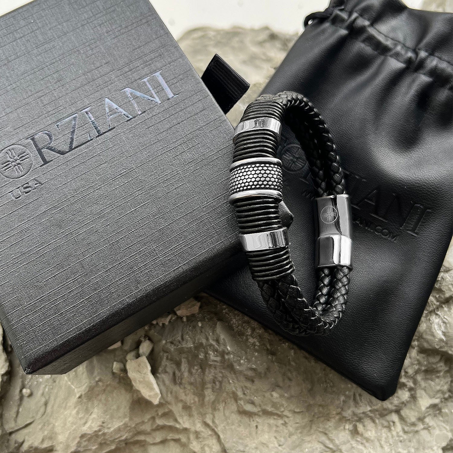 Black Nappa Double Woven Leather Men Bracelet | Mark Wahlberg Forziani