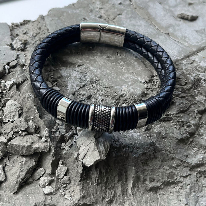 Black Nappa Double Woven Leather Men's Bracelet