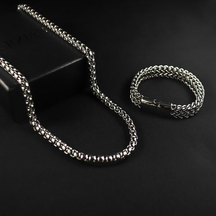 Chevron Box Chain + Bracelet Set - Silver