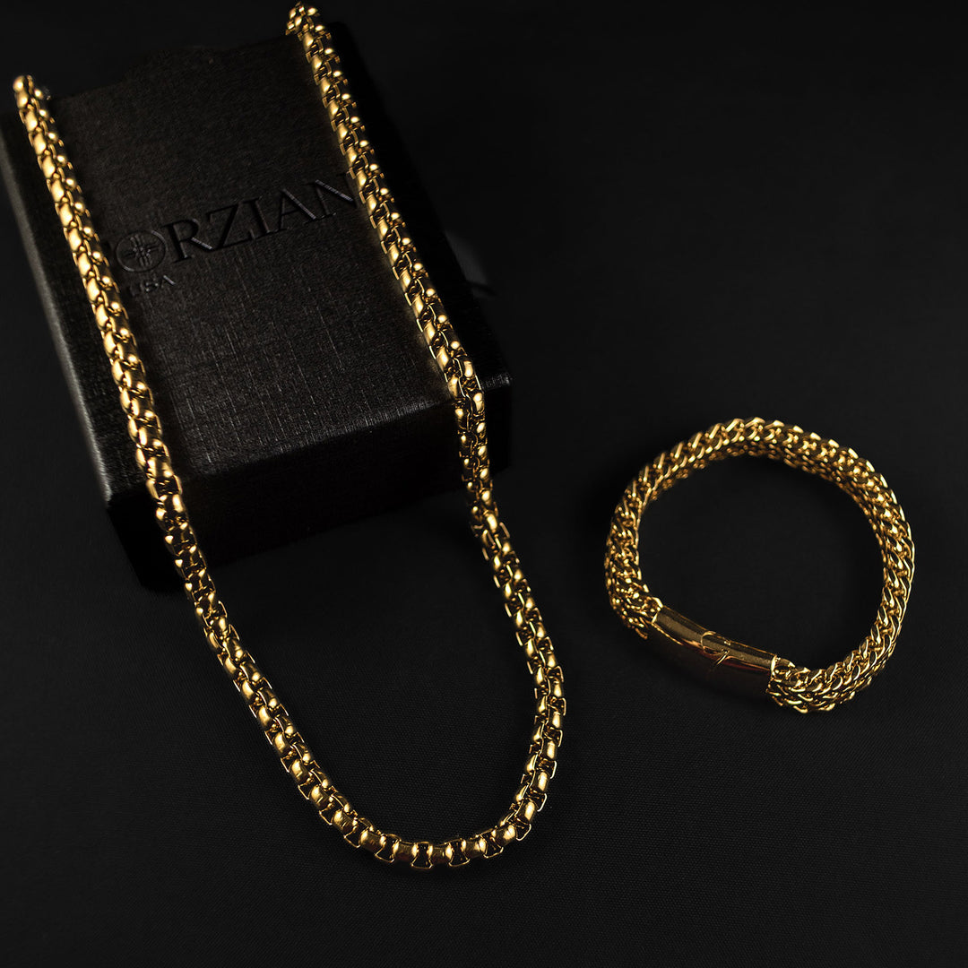 Chevron Box Chain + Bracelet Set - Gold