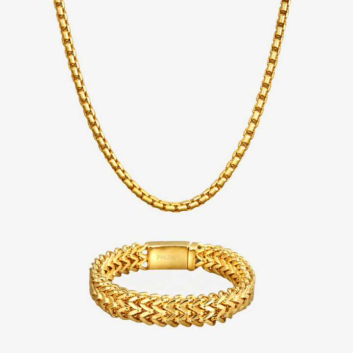Chevron Box Chain + Bracelet Set - Gold