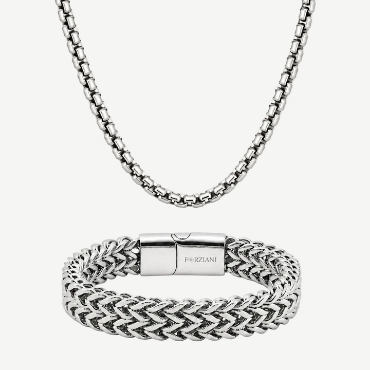 Chevron Box Chain + Bracelet Set - Silver