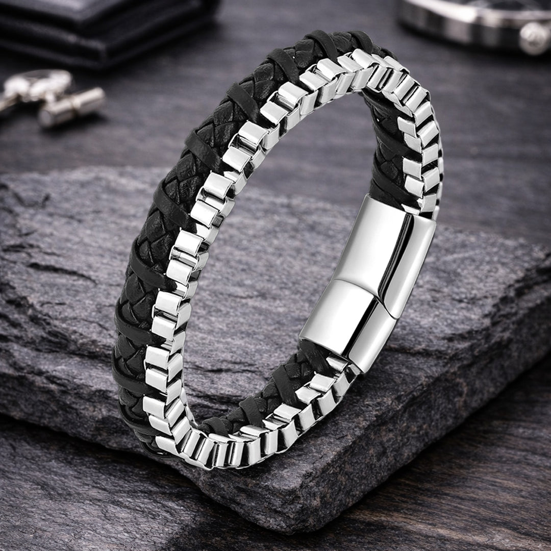 Chrome Line Steel and Leather Men's Bracelet
