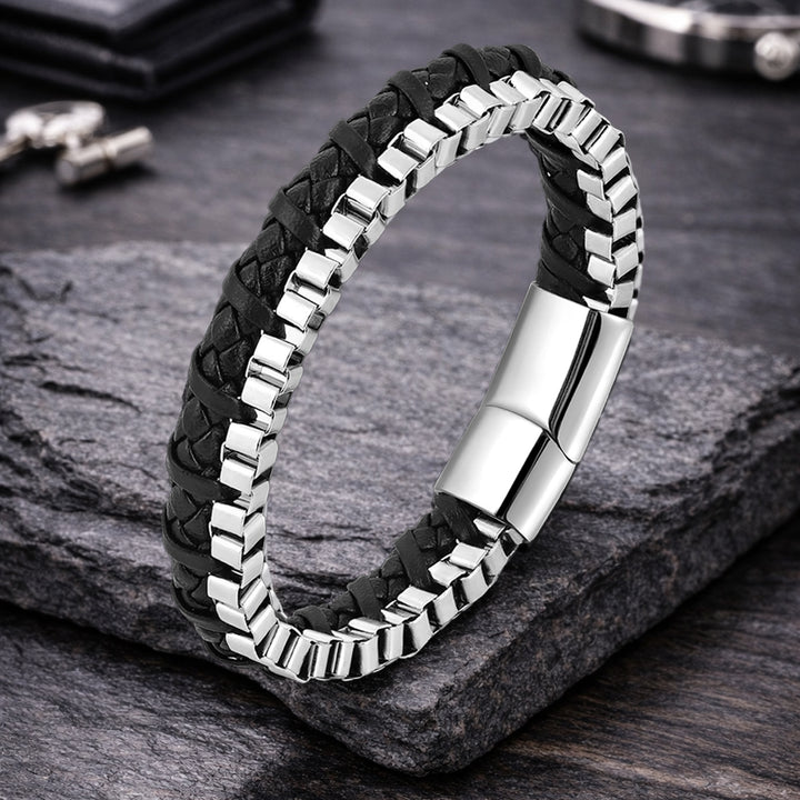 Chrome Line Steel and Leather Men's Bracelet