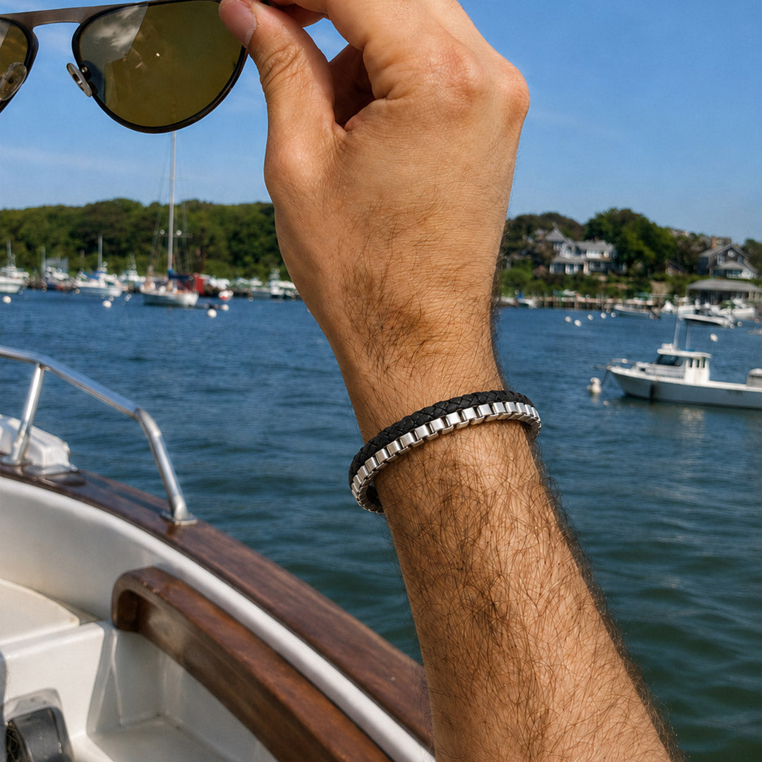 Chrome Line Steel and Leather Men's Bracelet
