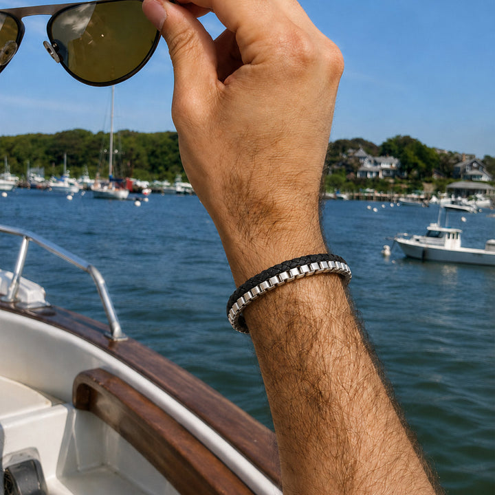 Chrome Line Steel and Leather Men's Bracelet
