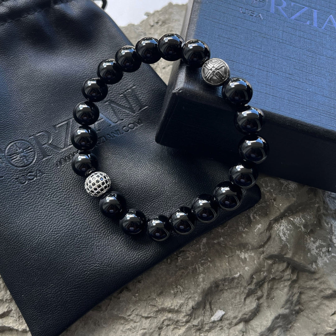 Dash Black Onyx and Pavé CZ Diamonds Beaded Bracelet for Men, 10mm