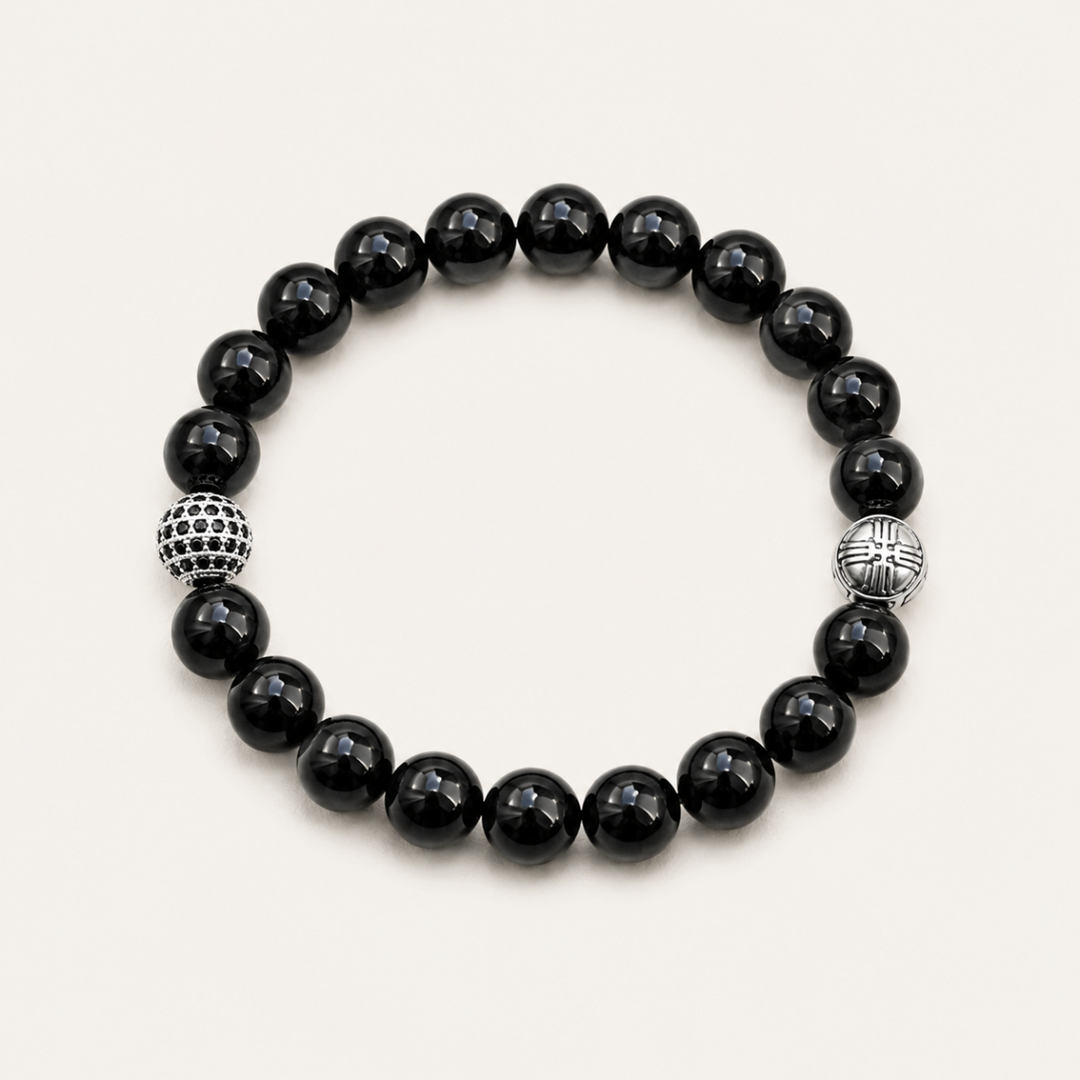 Dash Black Onyx and Pavé CZ Diamonds Beaded Bracelet for Men, 10mm