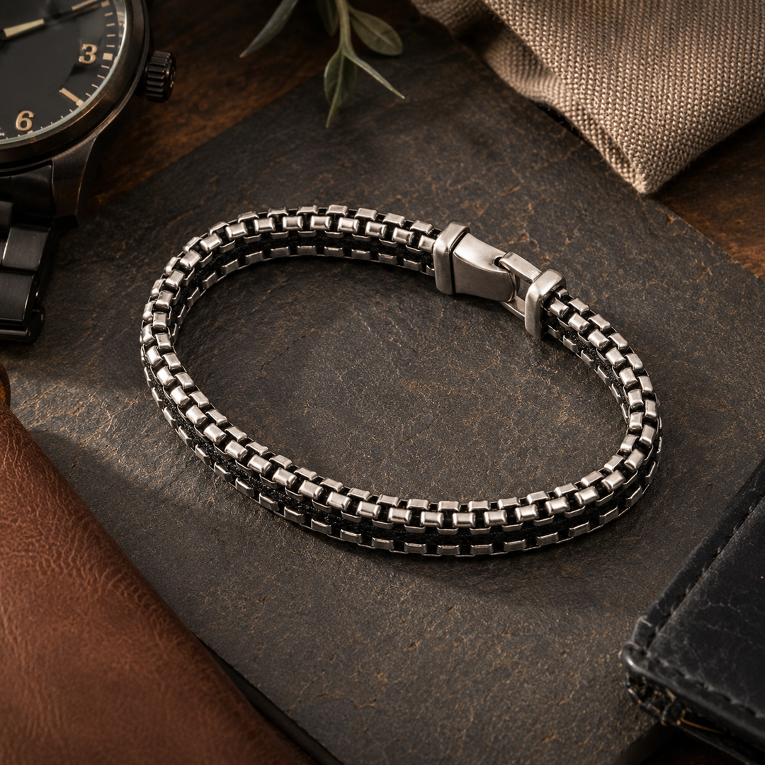Edge Braided Steel and Leather Bracelet