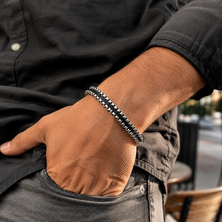 Edge Braided Steel and Leather Bracelet