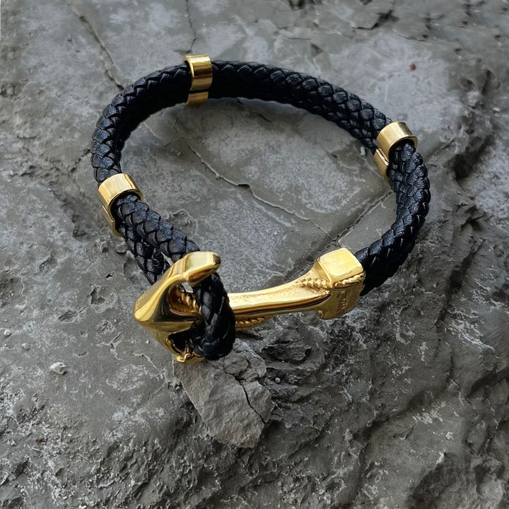 Maritime Gold Anchor Leather Bracelet