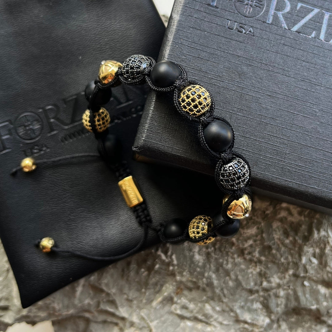 Men’s All Powerful Black Agate and CZ Diamonds Pavé Beads Bracelet, 10mm