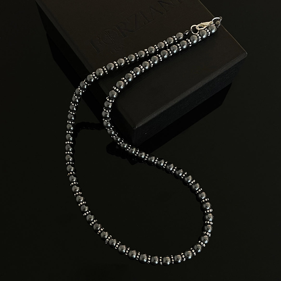 Men’s Black Pearls Necklace, Silver