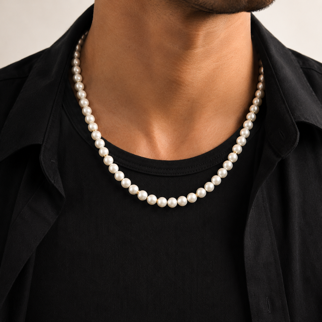 Men’s White Pearls Necklace, Gold