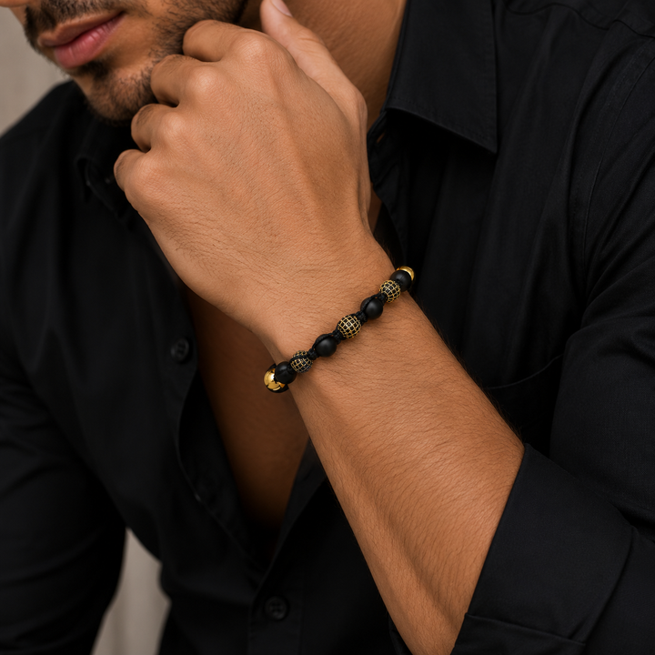 Men’s All Powerful Black Agate and CZ Diamonds Pavé Beads Bracelet, 10mm