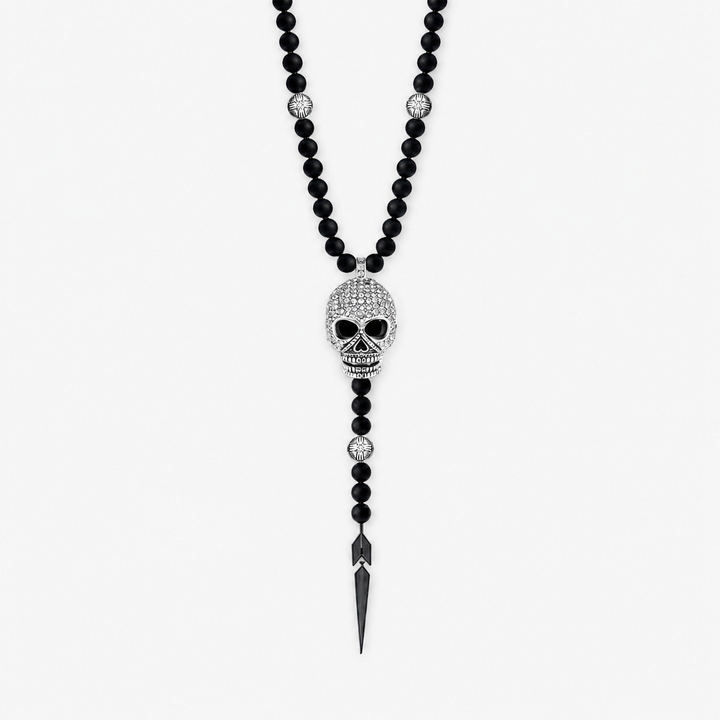 Black Agate and Pavé CZ Diamonds Skull Necklace