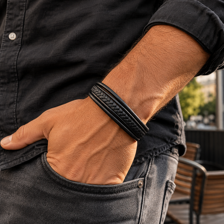 Stratos Multilayered Black Leather Bracelet
