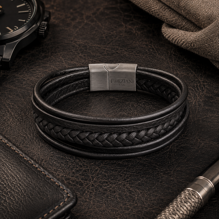 Stratos Multilayered Black Leather Bracelet