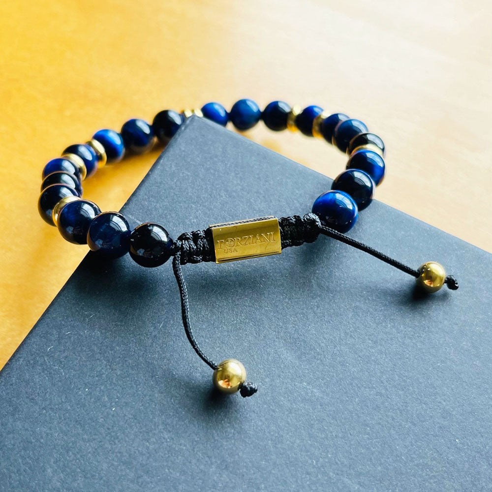 Summit Men’s Beaded Bracelet Blue Tiger's Eye Gold, 6mm