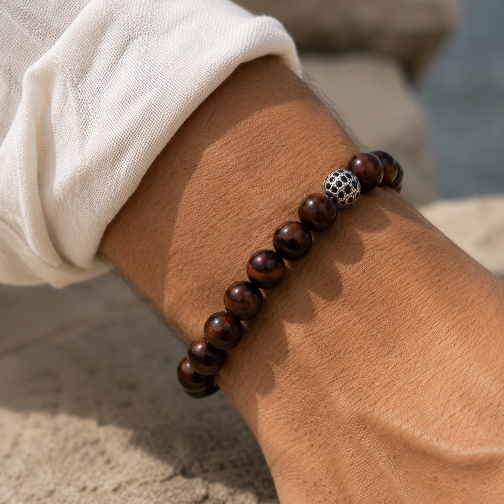 Aston Red Tiger's Eye and Pavé CZ Diamonds Beaded Bracelet for Men, 10mm