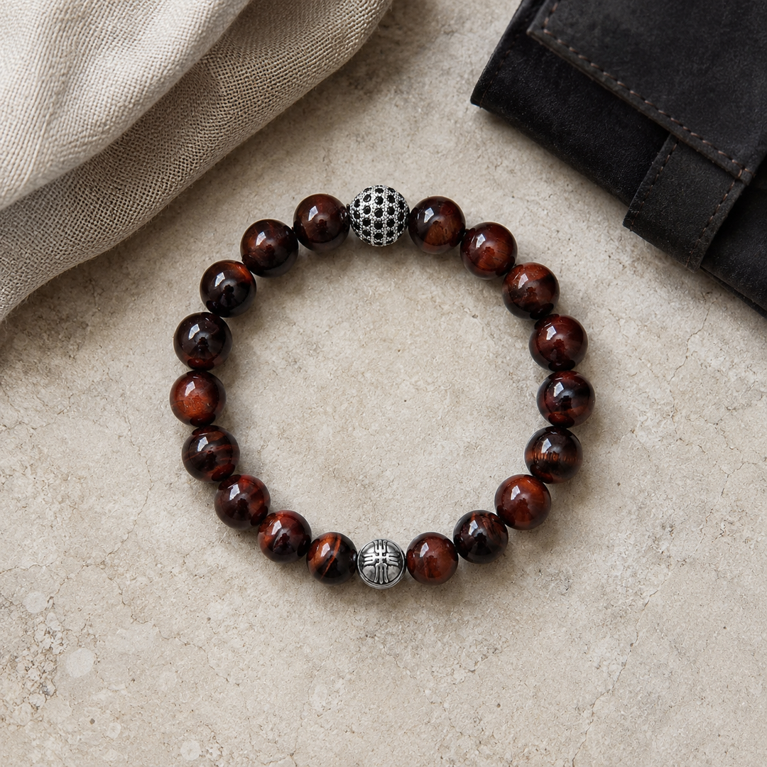 Aston Red Tiger's Eye and Pavé CZ Diamonds Beaded Bracelet for Men, 10mm