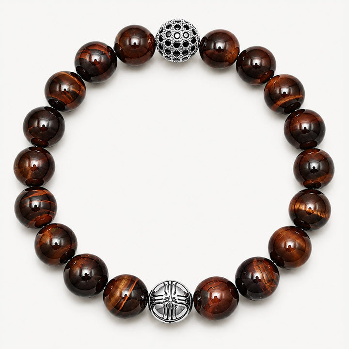 Aston Red Tiger's Eye and Pavé CZ Diamonds Beaded Bracelet for Men, 10mm
