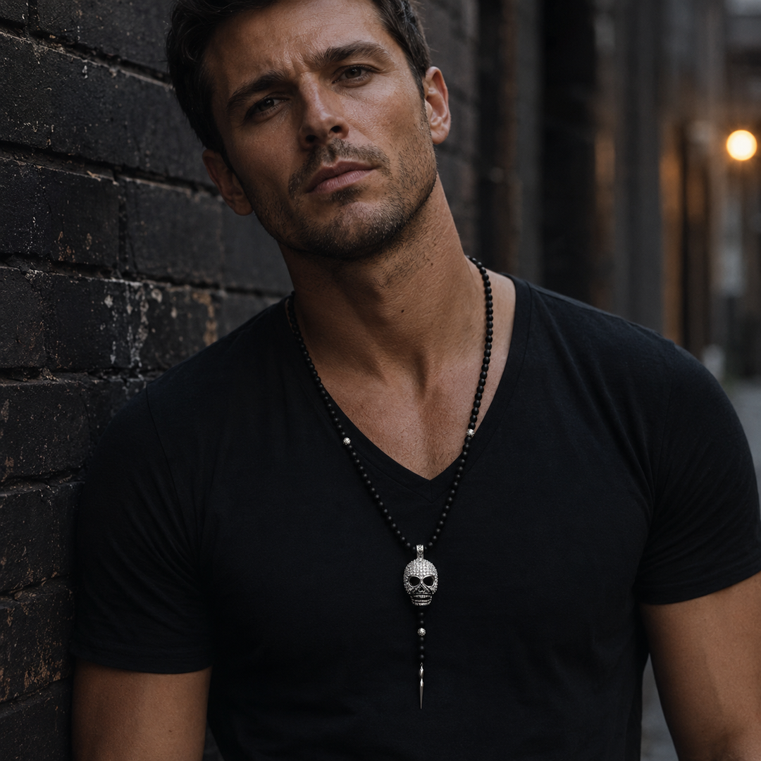 Black Agate and Pavé CZ Diamonds Skull Necklace