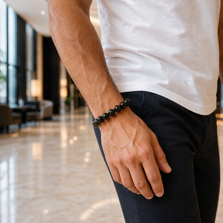 Black Onyx Beaded Bracelet for Men, 10mm