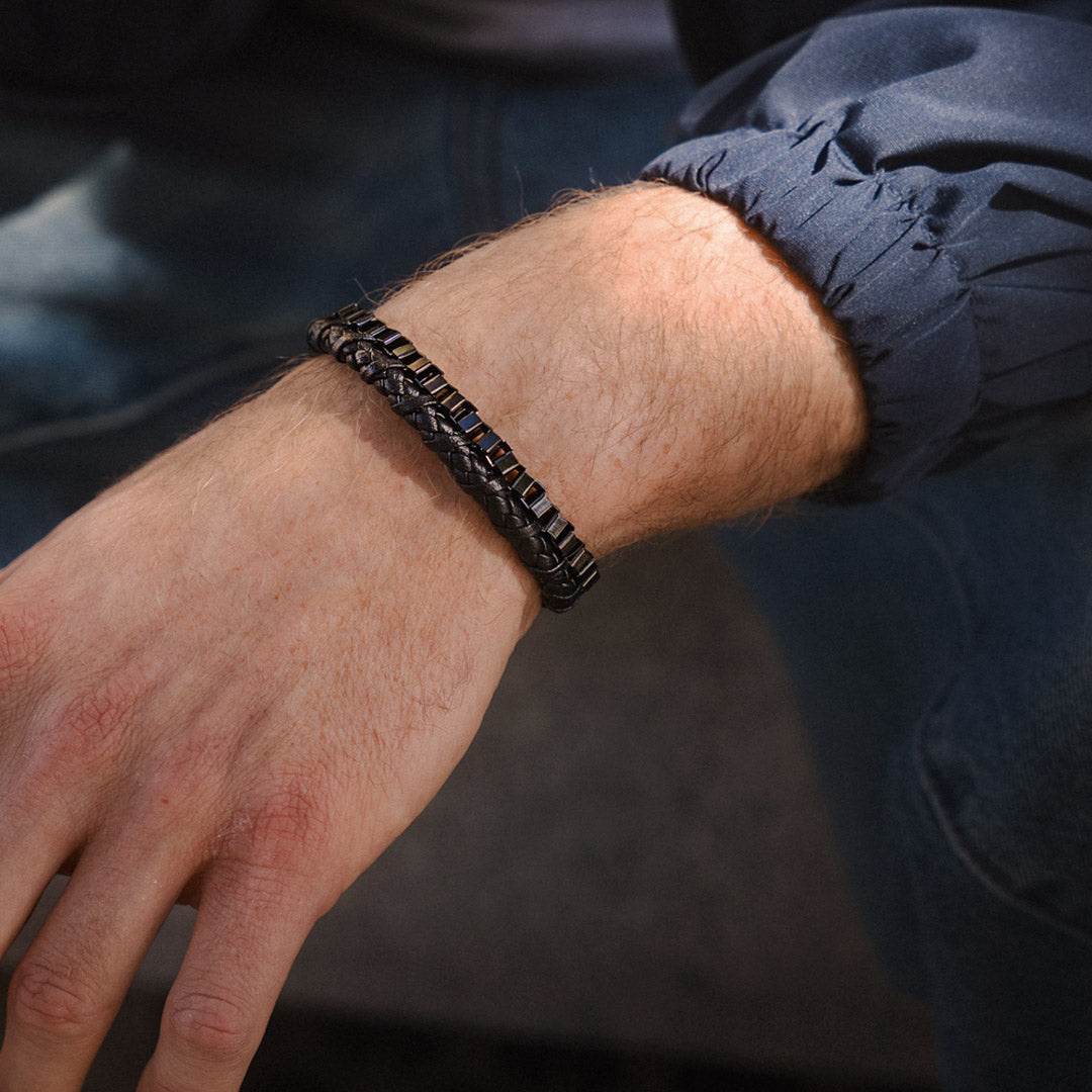Carbon Line Steel and Leather Bracelet for Men