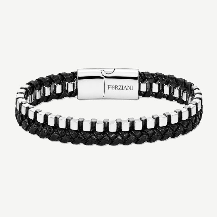 Chrome Line Steel and Leather Men's Bracelet