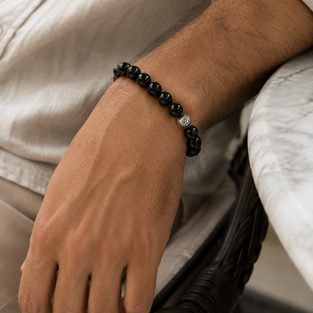 Dash Black Onyx and Pavé CZ Diamonds Beaded Bracelet for Men, 10mm