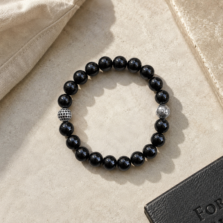 Dash Black Onyx and Pavé CZ Diamonds Beaded Bracelet for Men, 10mm