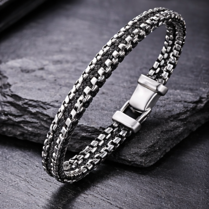Edge Braided Steel and Leather Bracelet