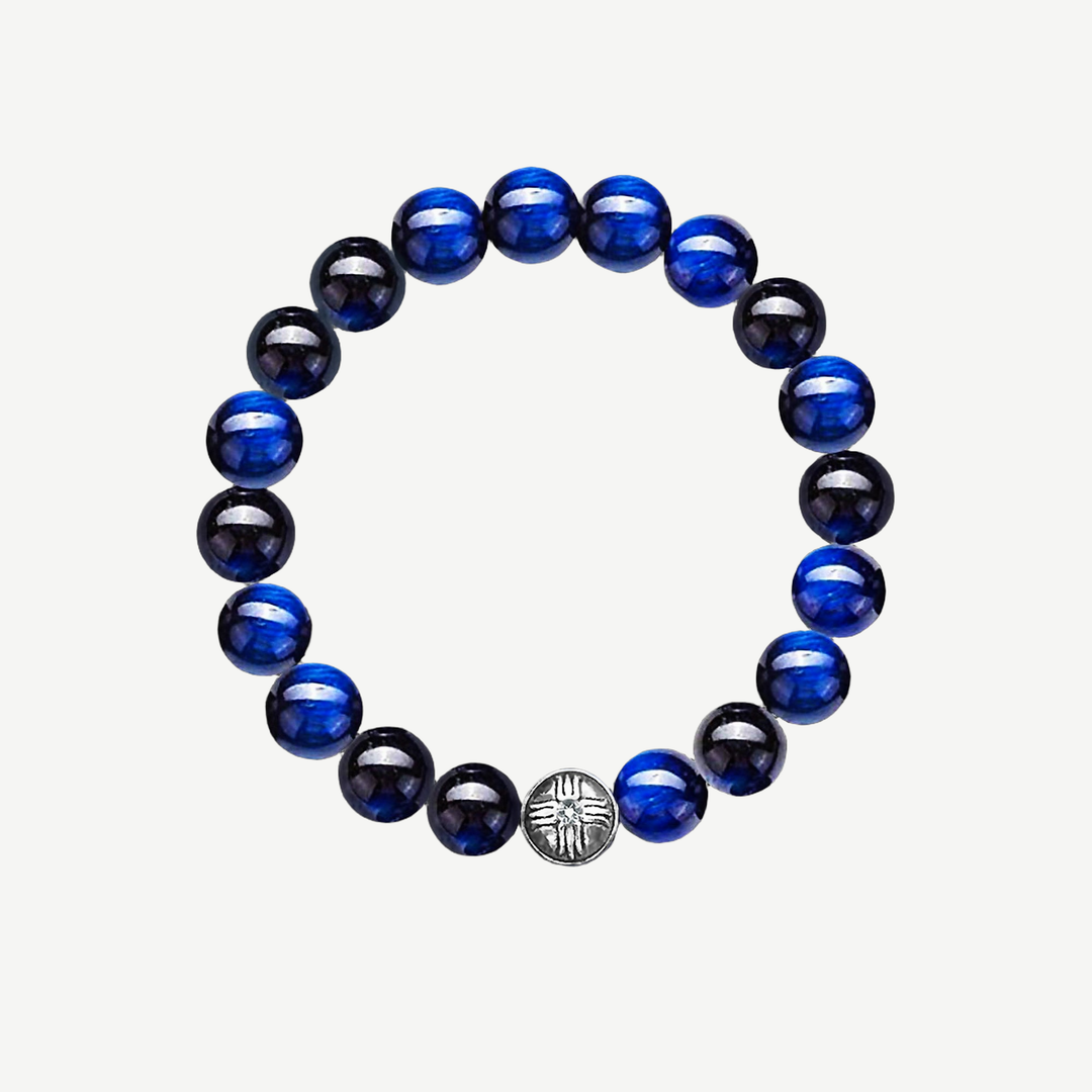 Power Beads Bracelet Blue Tiger's Eye, 10mm — finished light background #F5F5F3 — source image 1