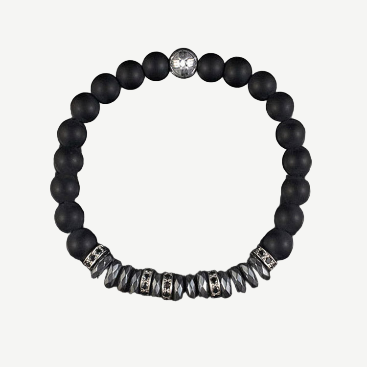 Apollo Black Agate and Pyrite Beads Bracelet, 6mm — finished light background #F5F5F3 — source image 1