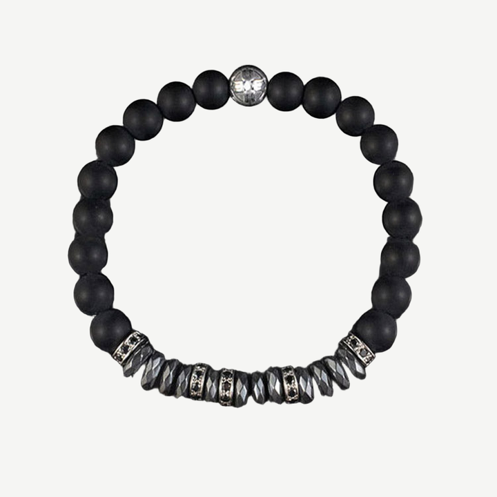 Apollo Black Agate and Pyrite Beads Bracelet, 6mm — finished light background #F5F5F3 — source image 1