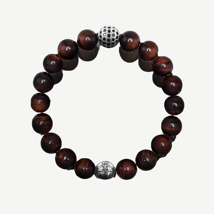 Aston Red Tiger's Eye and Pavé CZ Diamonds Beaded Bracelet for Men, 10mm — finished light background #F5F5F3 — source image 1