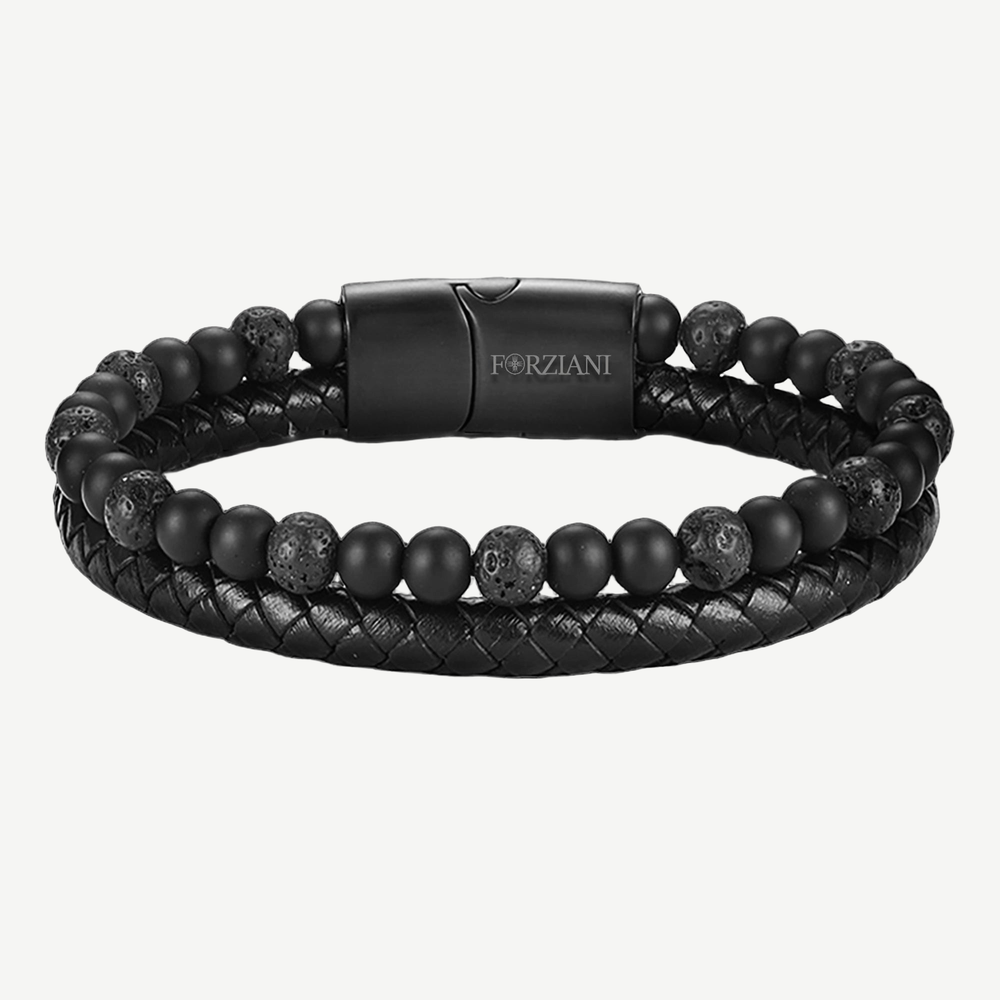 Biscayne Black Lava Rock and Leather Layered Bracelet for Men — finished light background #F5F5F3 — source image 1