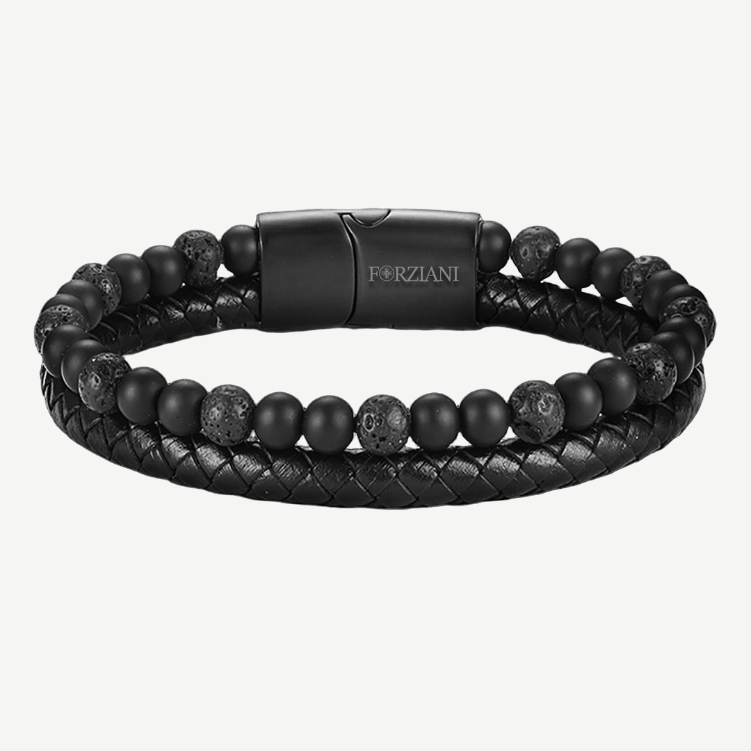 Biscayne Black Lava Rock and Leather Layered Bracelet for Men — finished light background #F5F5F3 — source image 1