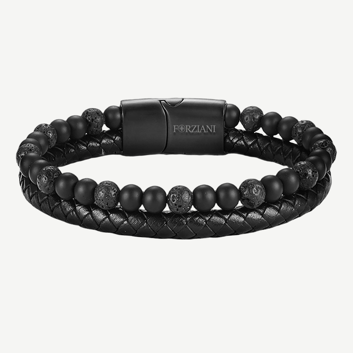 Biscayne Black Lava Rock and Leather Layered Bracelet for Men — finished light background #F5F5F3 — source image 1